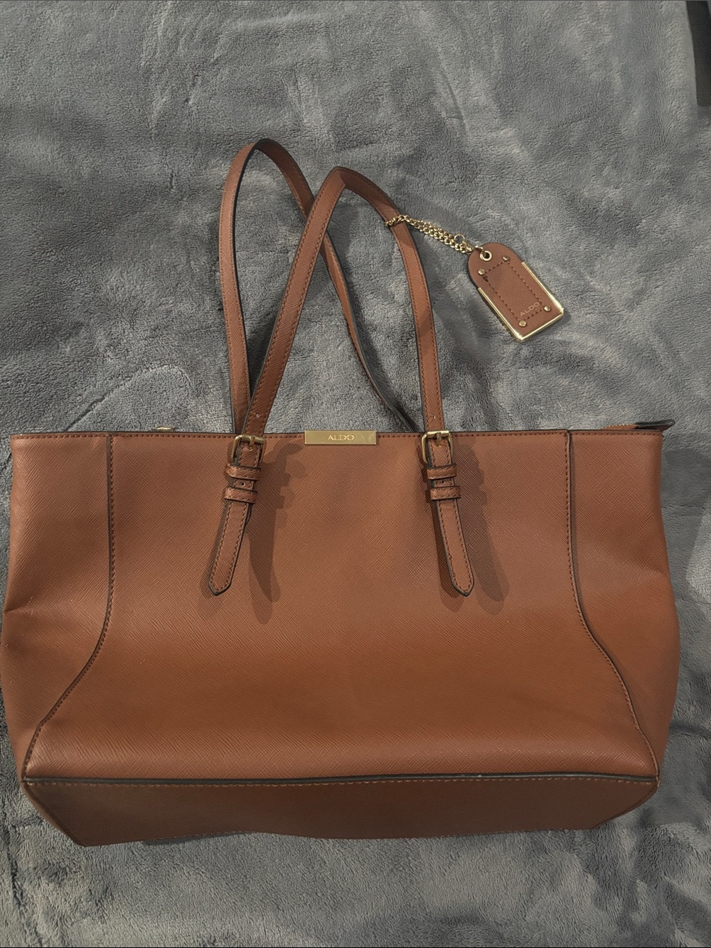 ALDO Cognac Brown Saffiano Leather Tote with Gold Tag